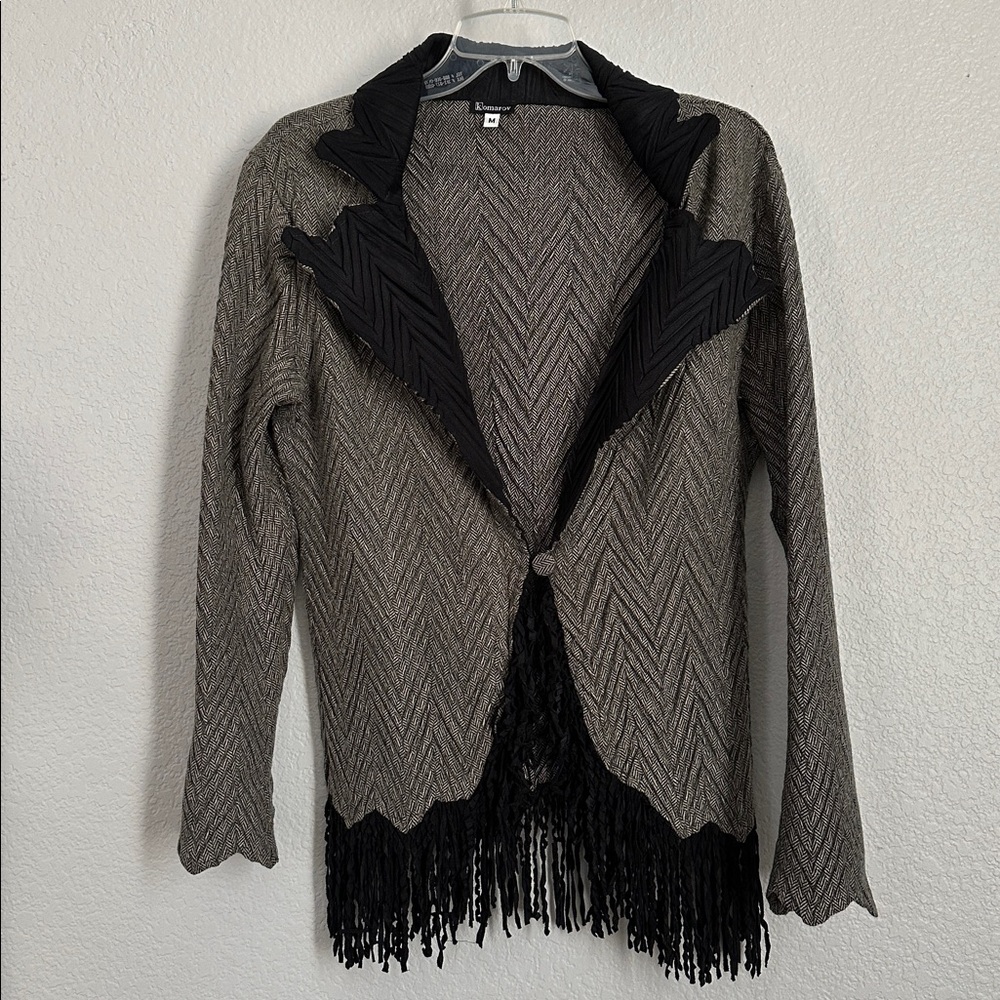 KOMAROV One Button Fringe Chevron Black Beige Blazer Jacket SZ Medium